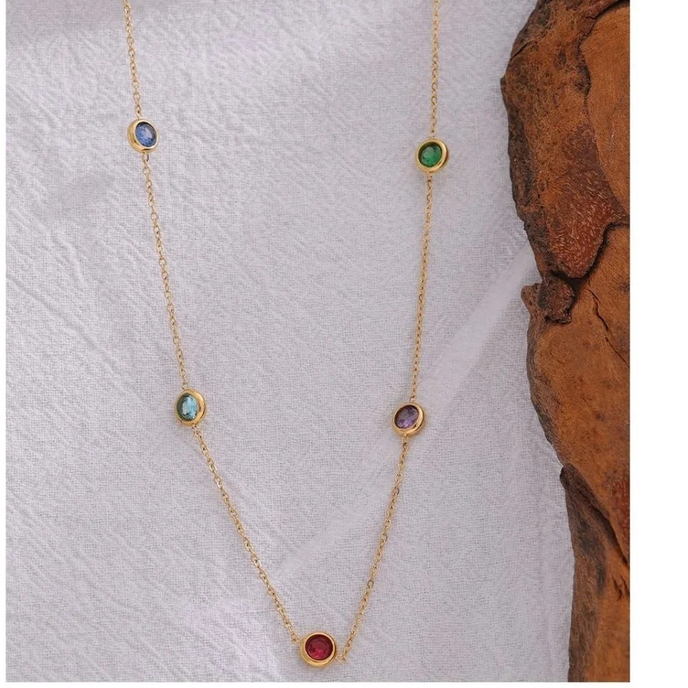 NEW 18K Gold Plated Multi Color Gemstone Necklace - Picture 3 of 7